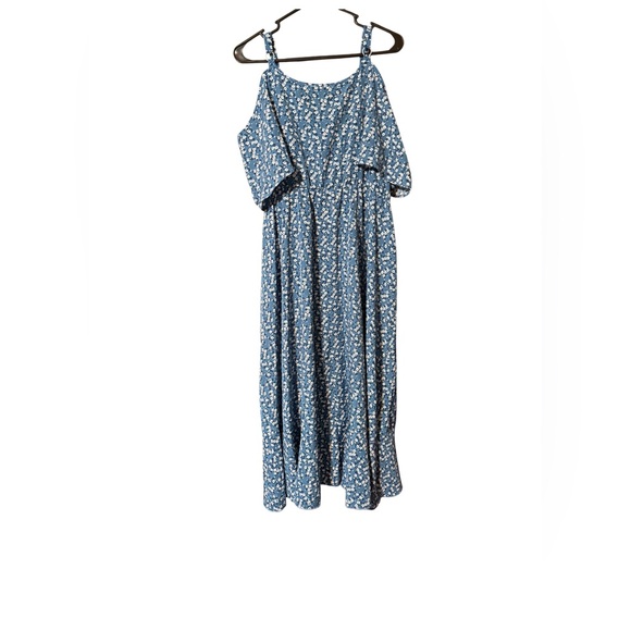 Blue Floral Cold Shoulder Midi Dress Ruffle V Neck High Low Boho Summer - Picture 3 of 3